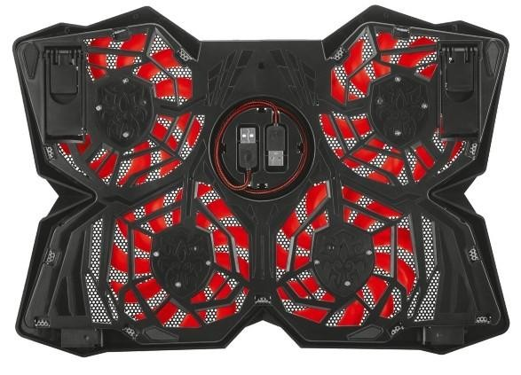 Enfriador de portátil negro con ventiladores rojos y puertos USB.