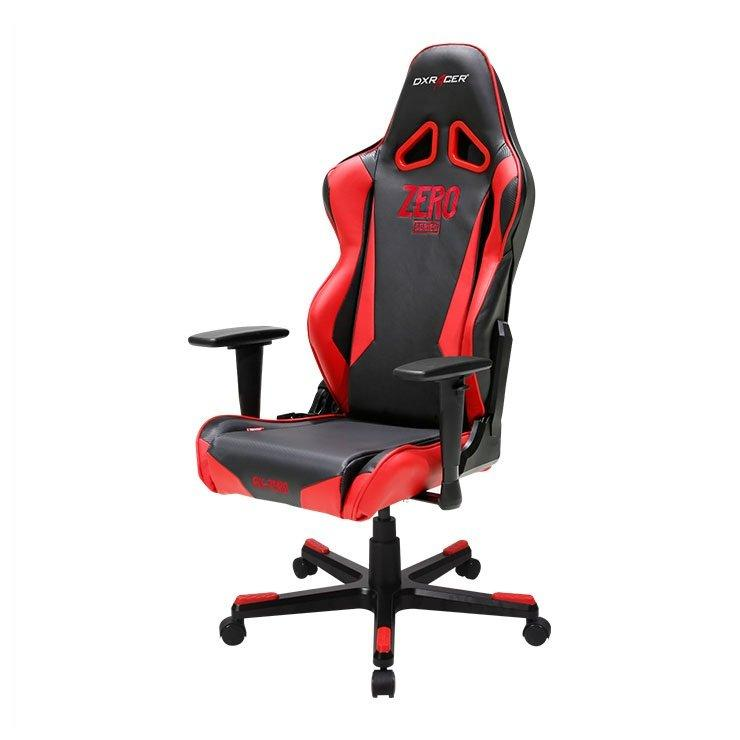 Silla gaming, negro y rojo, con texto 'ZERO' y base de cinco estrellas.