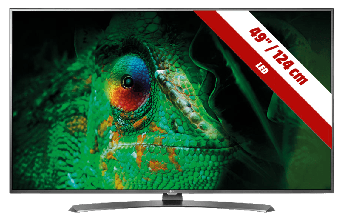 Pantalla de TV LG grande. Primer plano de un camaleón en la pantalla. Texto 49"/124 cm en la parte superior derecha.