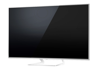 Televisor grande con pantalla negra, marco blanco y soporte.