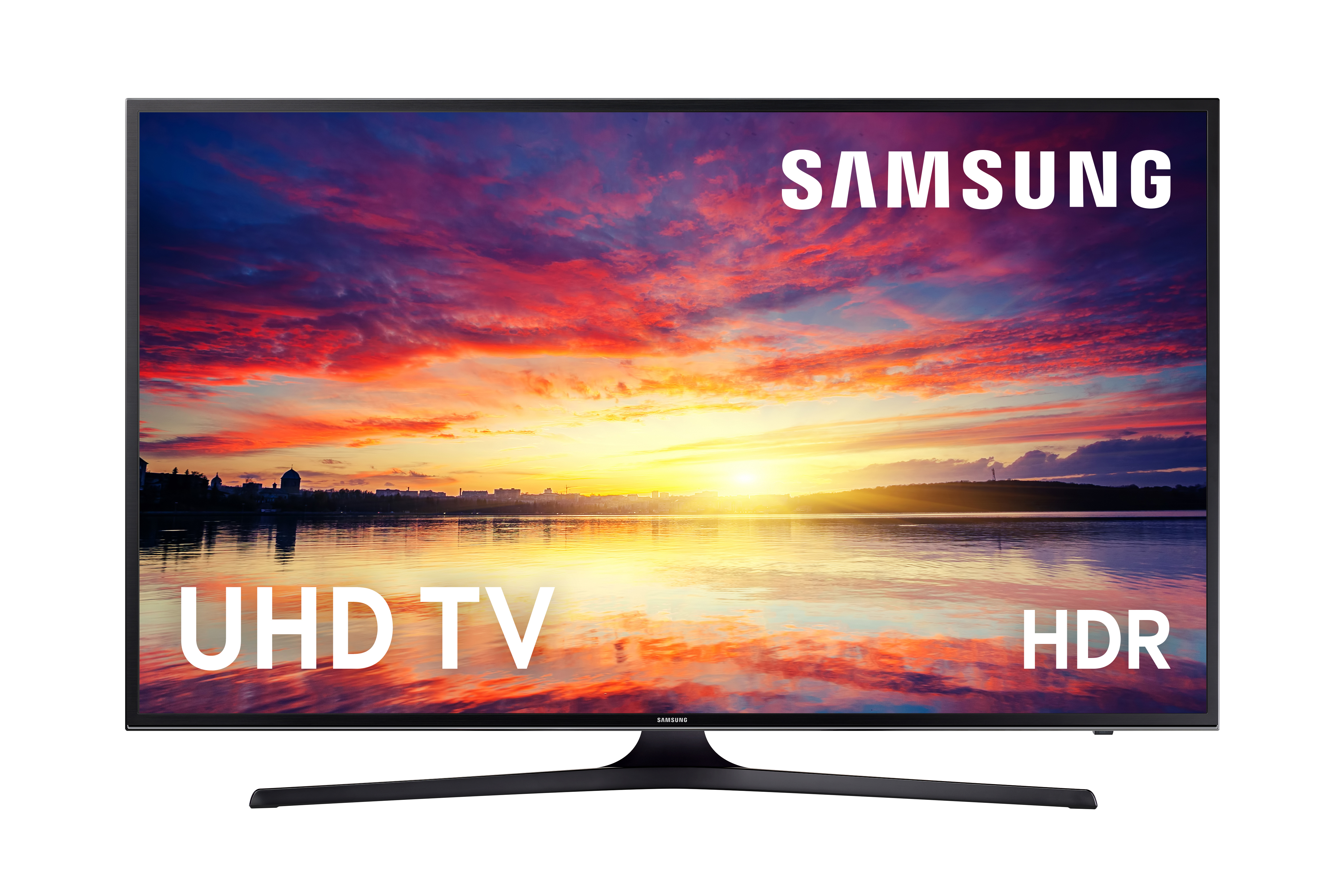Vista frontal de un televisor UHD Samsung con imagen de atardecer. Texto: UHD TV HDR.