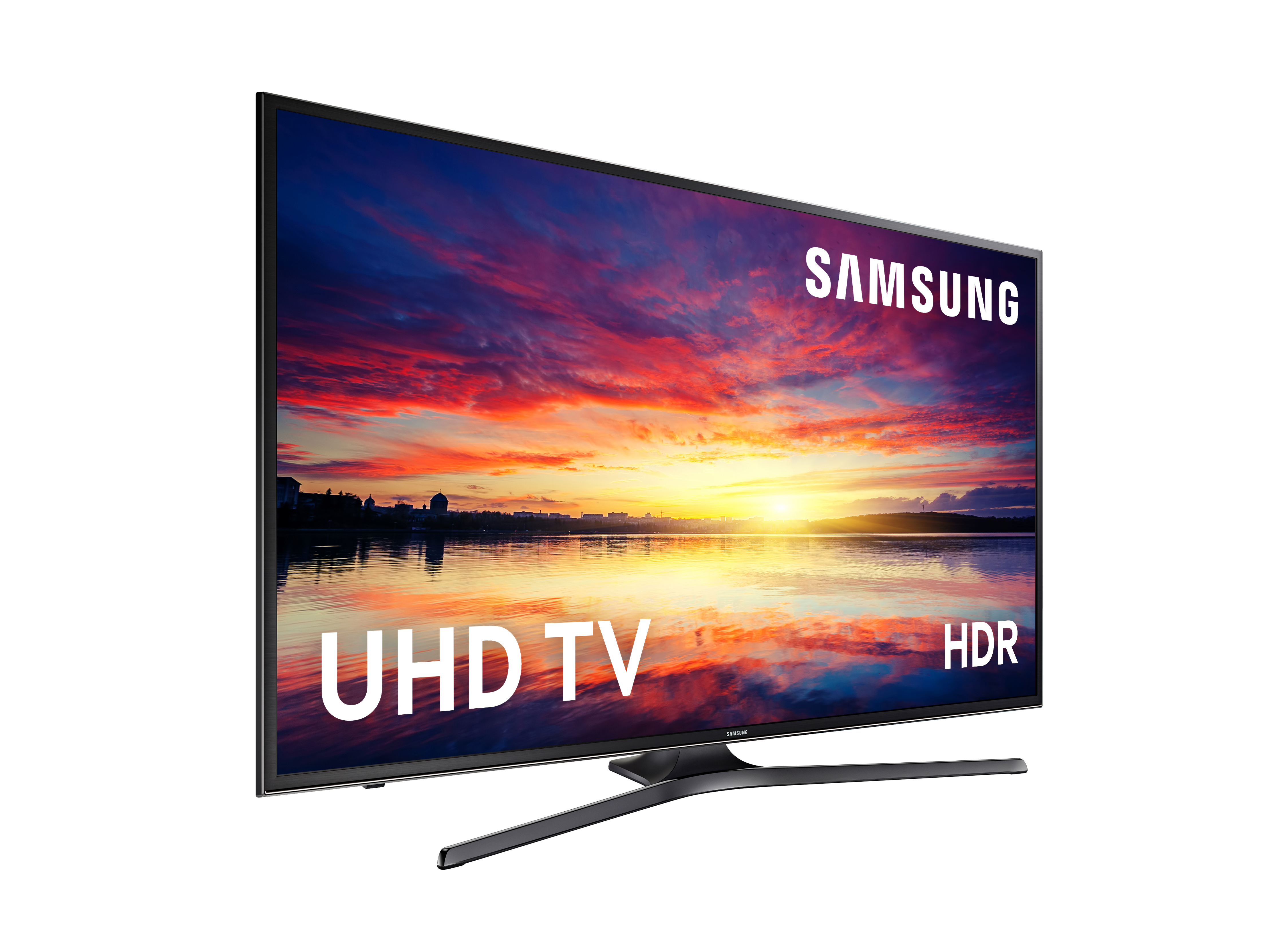 TV UHD Samsung, imagen de puesta de sol en pantalla, con HDR y nombre de marca.