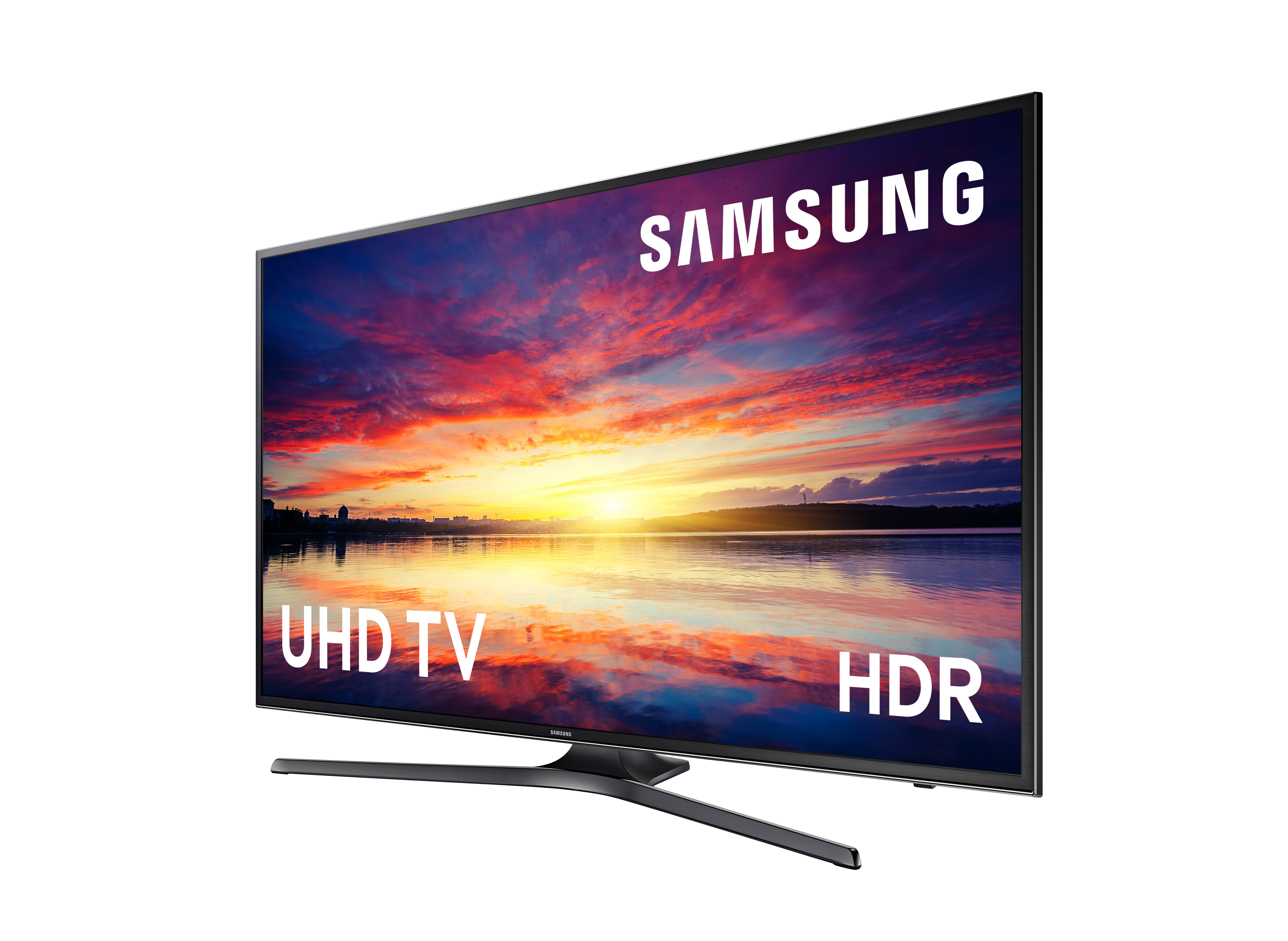 Televisor Samsung UHD mostrando un atardecer sobre el agua, con texto HDR.