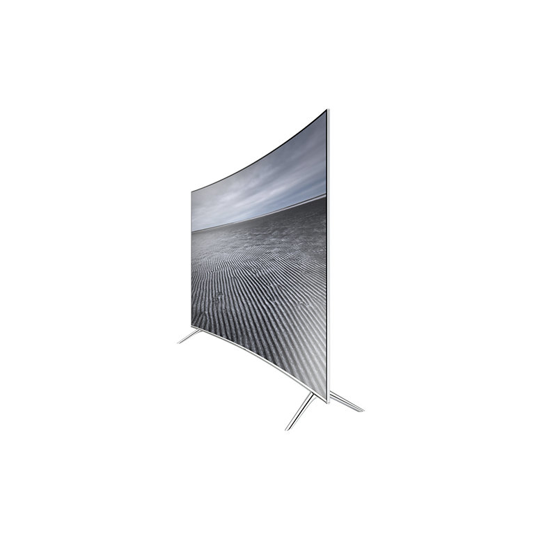 Televisor negro curvo, patas plateadas, imagen de paisaje en pantalla, fondo blanco.