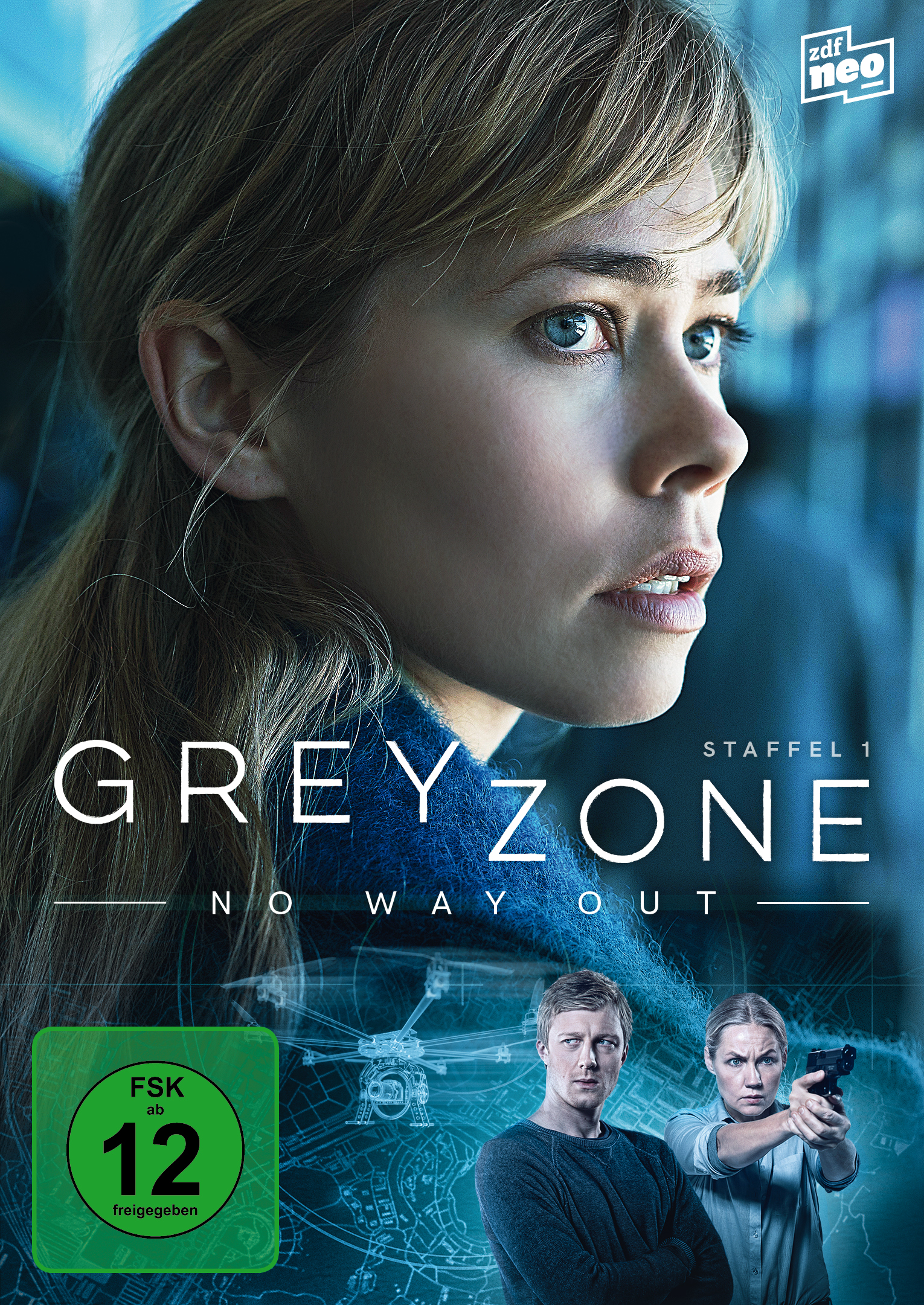 Filmcover: eine Frau mit besorgtem Gesichtsausdruck. Titel: Greyzone.