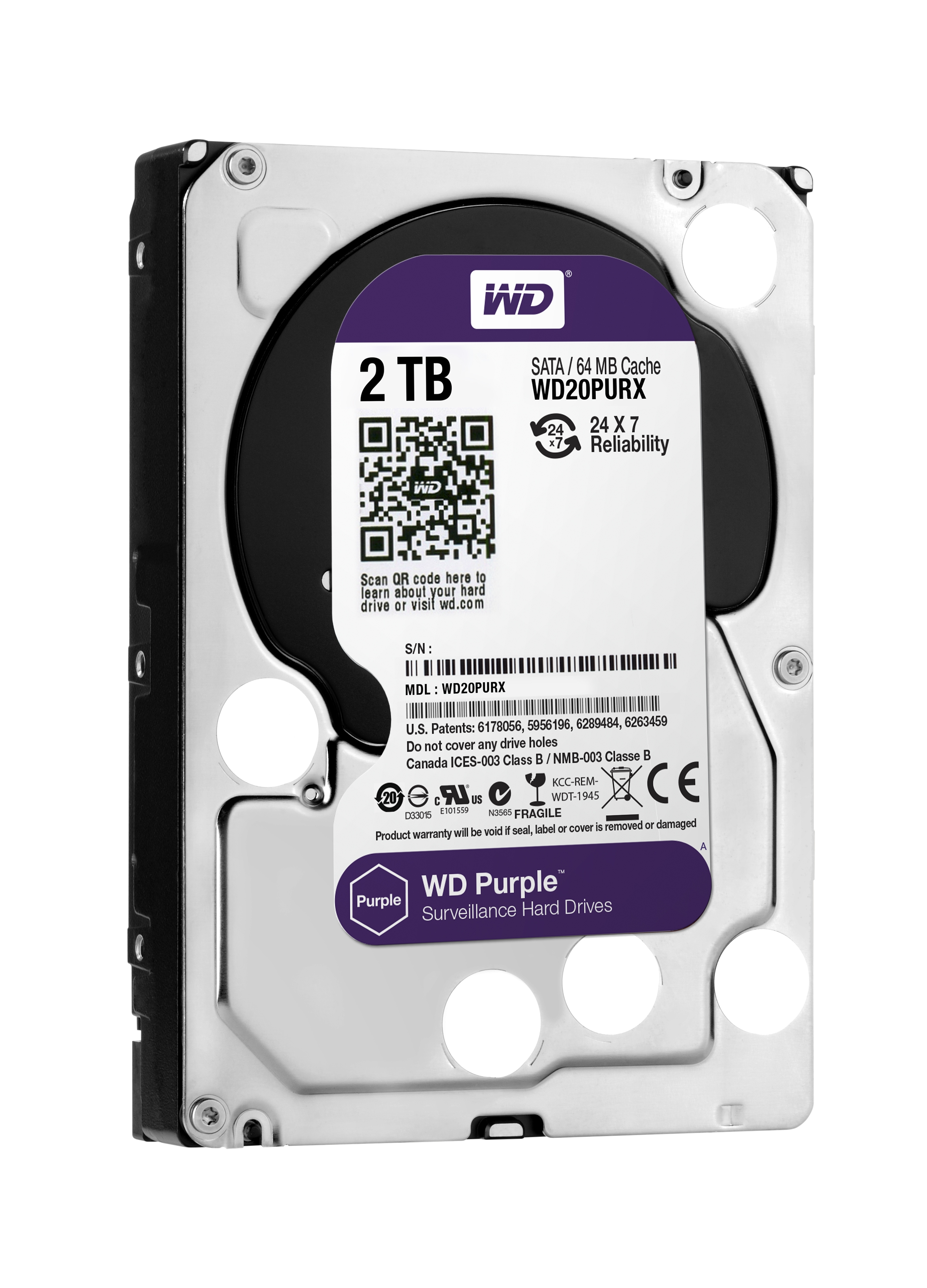 Disco duro interno 2 TB - Western Digital WD Purple, Para Videovigilancia, 3.5", Caché 64 MB, IntelliPower, 6Gb/s, Púrpura