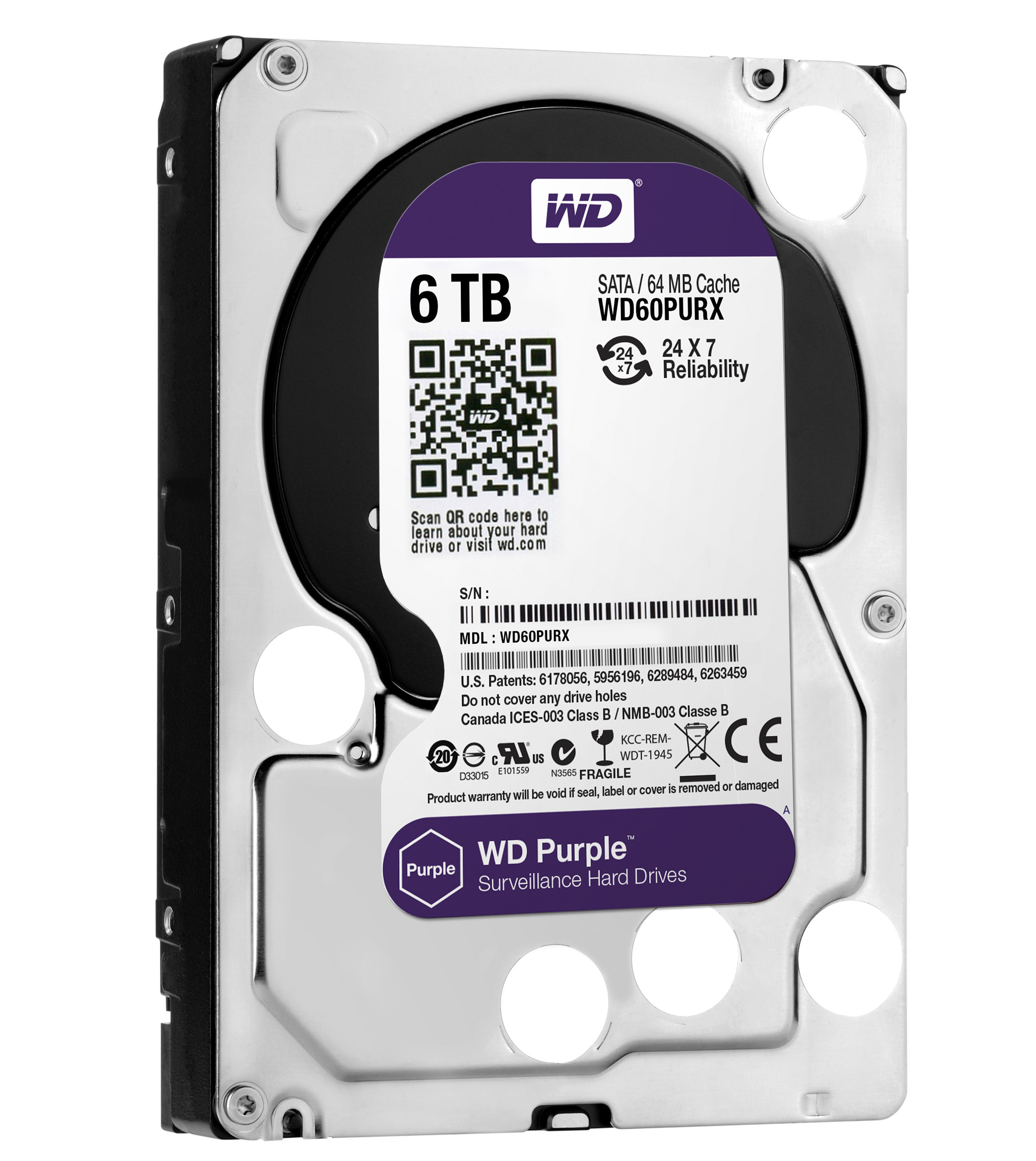 Disco duro interno 6 TB - Western Digital WD Purple, Para Videovigilancia, 3.5", Caché 64 MB, IntelliPower, 6Gb/s, Púrpura