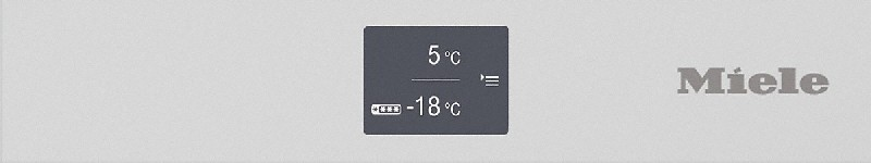 Sıcaklık okumaları olan dijital bir ekran. Ekran 5°C ve -18°C ve Miele logosunu gösterir.