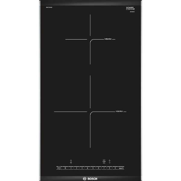 Una placa de inducción Bosch negra con dos zonas de cocción y controles táctiles.