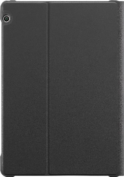 Un étui de tablette noir fermé. Le couvercle est fermé, montrant une texture lisse et mate.