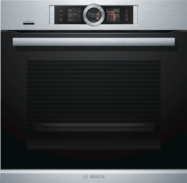 Horno de acero inoxidable. Tiene una puerta negra y un panel de control con un dial circular y pantalla.