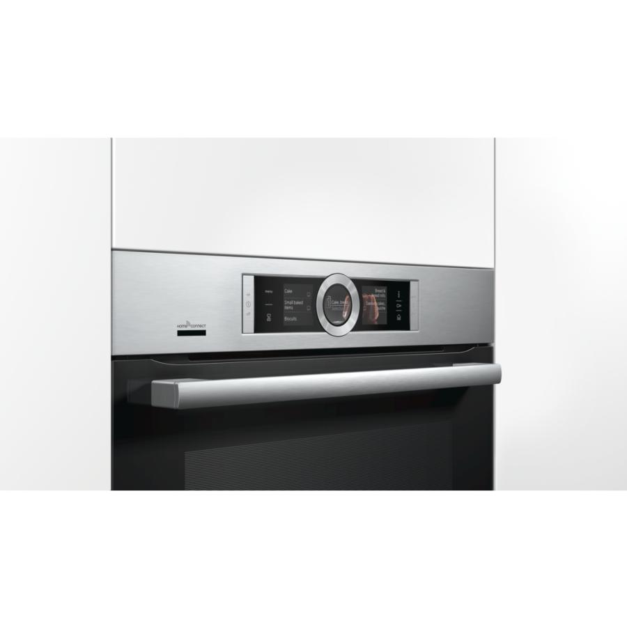 Horno empotrado con frontal de acero inoxidable, pantalla digital y tirador. 'Home Connect'.