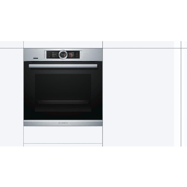 Horno de acero inoxidable con puerta y controles negros. Armarios blancos a ambos lados. Fondo blanco.
