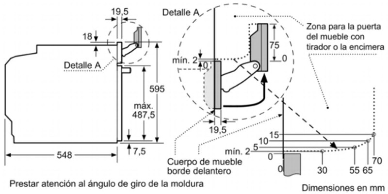 Diagrama de un horno empotrado, que muestra dimensiones y detalles de instalación.