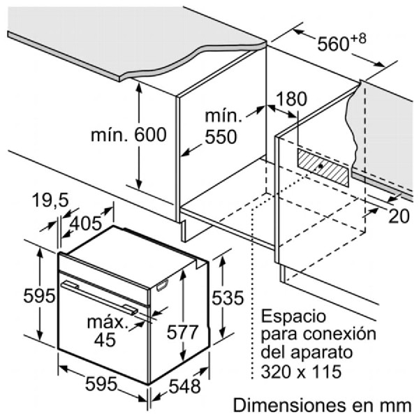 Dibujo técnico de un horno con dimensiones y etiquetas en español.