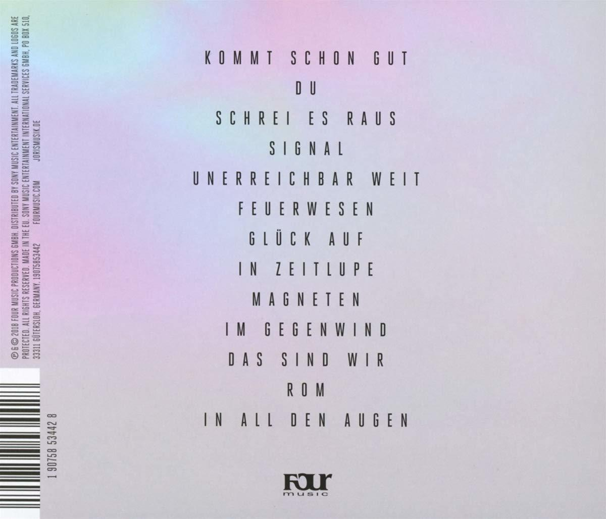 Rückseite einer CD mit Songtiteln in weißem Text. Heller Hintergrund mit Four Music Logo.