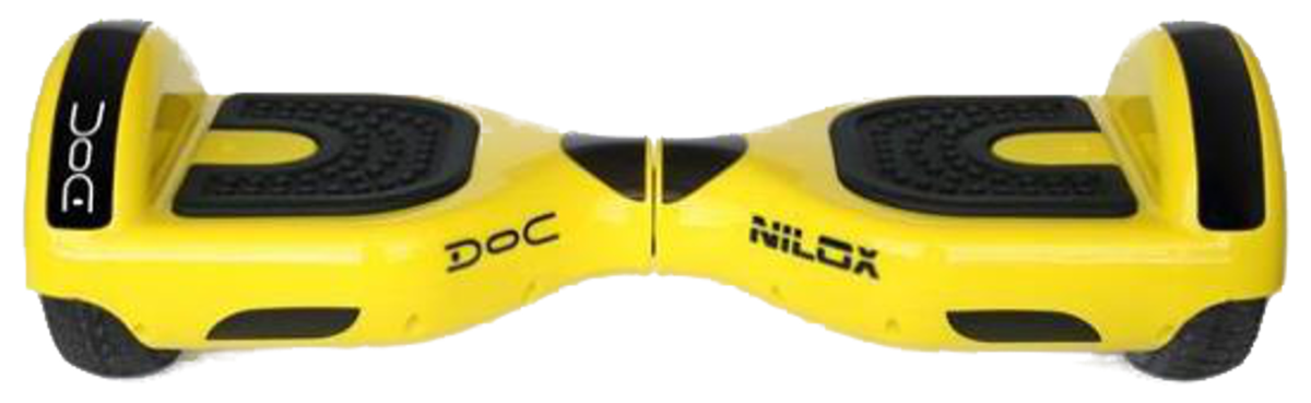 Un hoverboard amarillo y negro. La marca es NILOX y DOC.