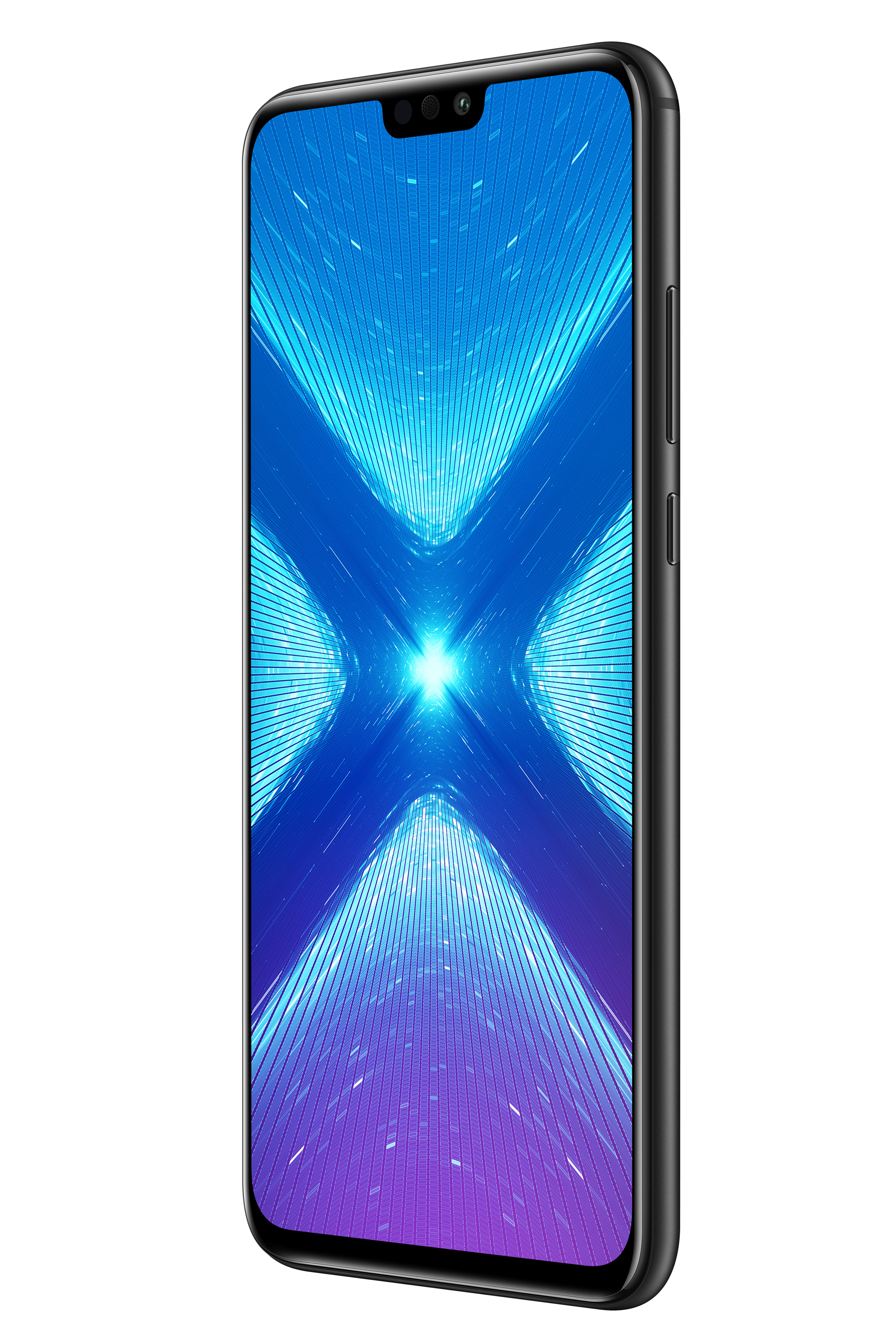 Schwarzes Smartphone. Der Bildschirm zeigt ein blaues und violettes abstraktes Design.