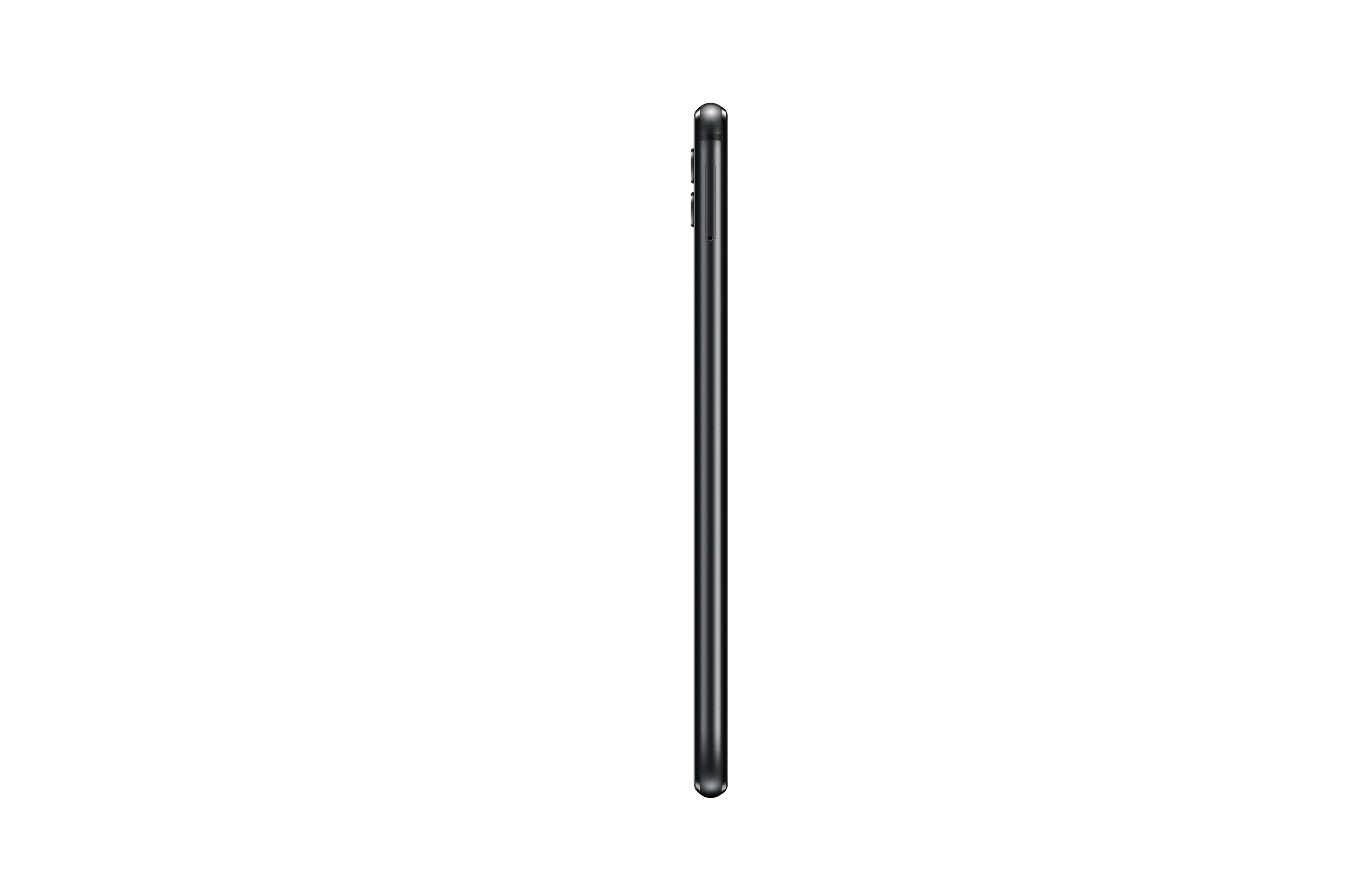 Ein schwarzes Smartphone, von der Seite betrachtet, auf weißem Hintergrund.