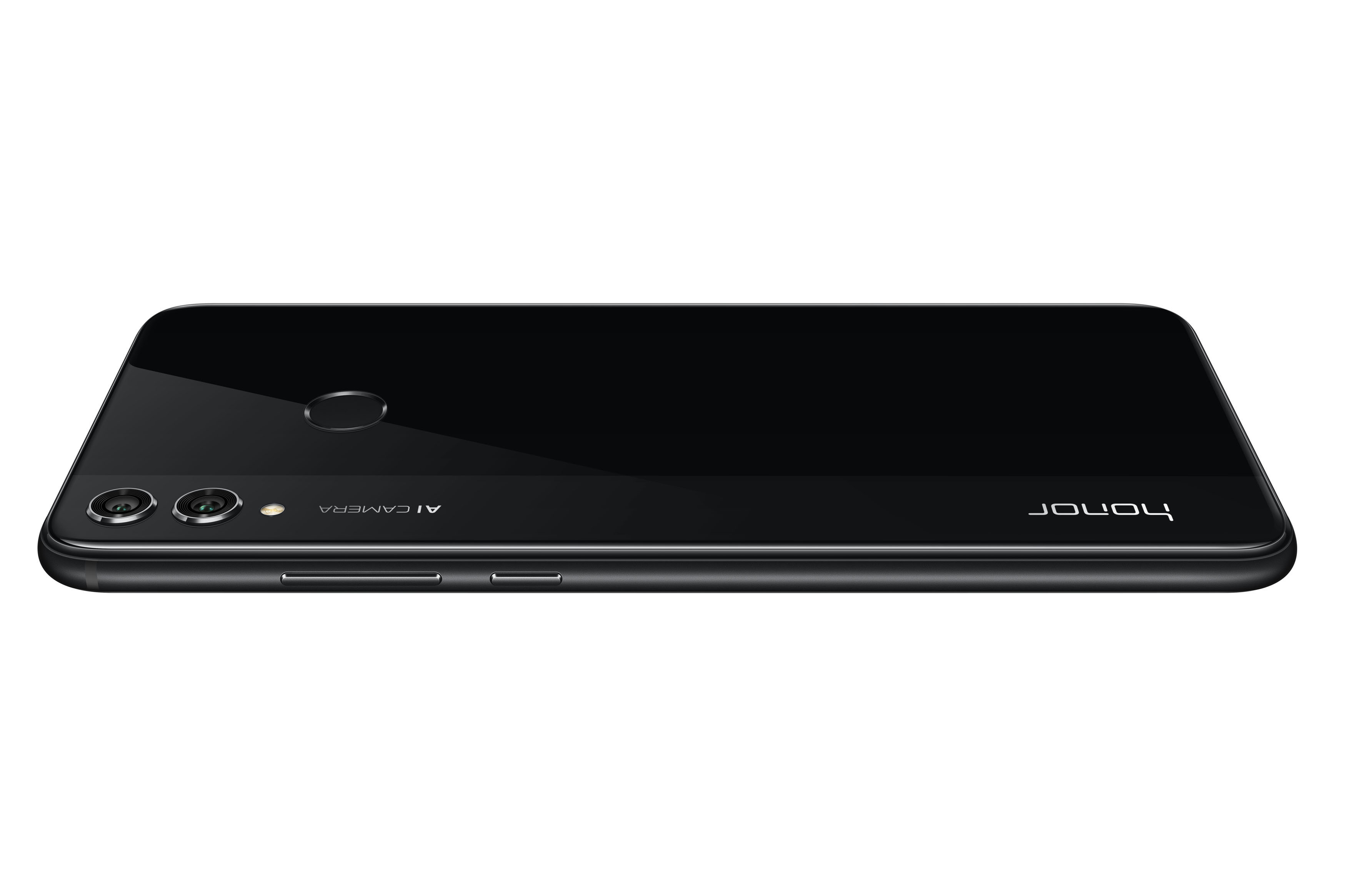 Ein schwarzes Honor-Smartphone auf dem Rücken. Kamera und Logo sind sichtbar.