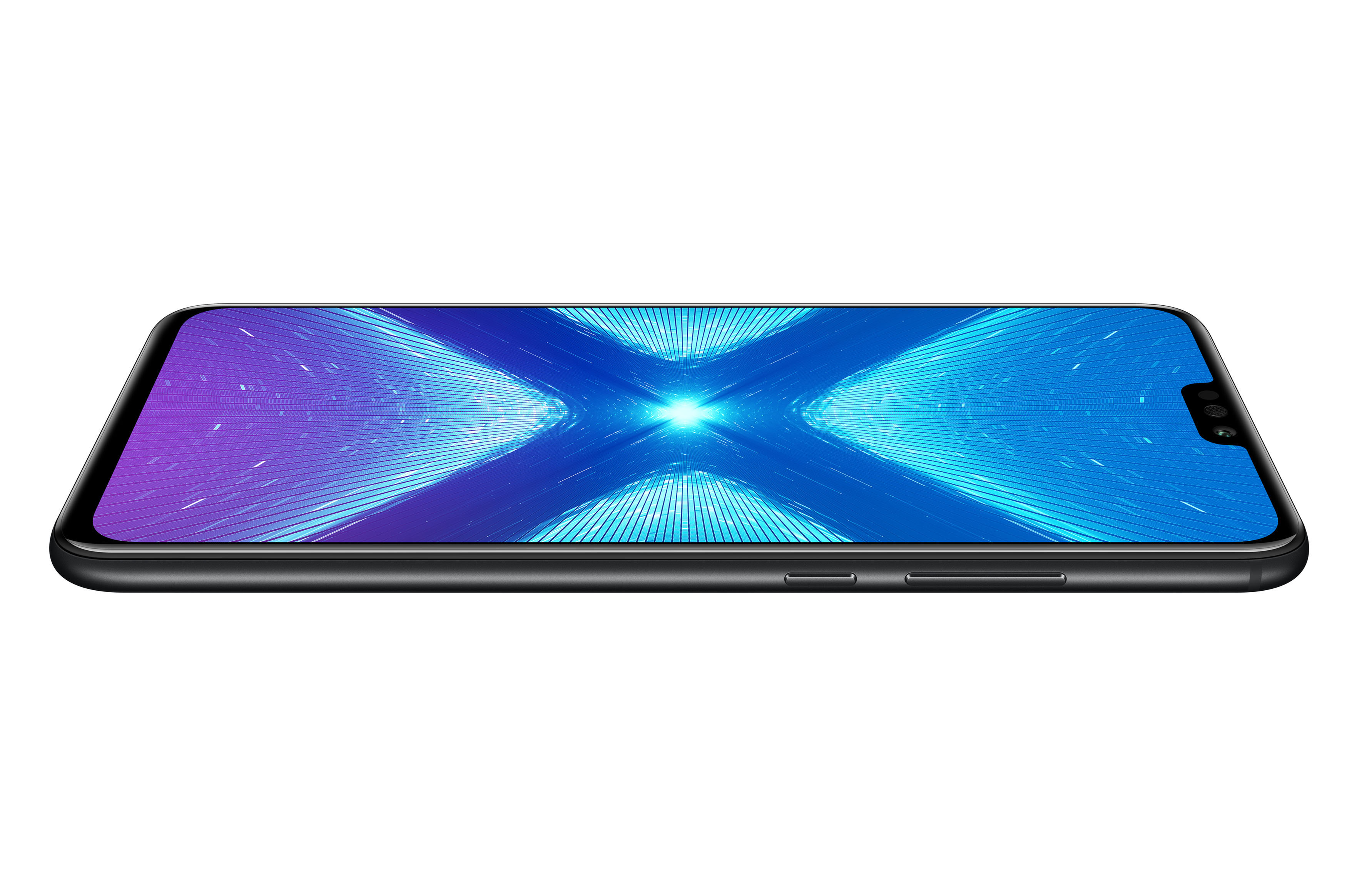 Ein schwarzes Smartphone mit blau-lila Farbverlauf auf dem Bildschirm, auf weißem Hintergrund. Zeigt den Bildschirm.