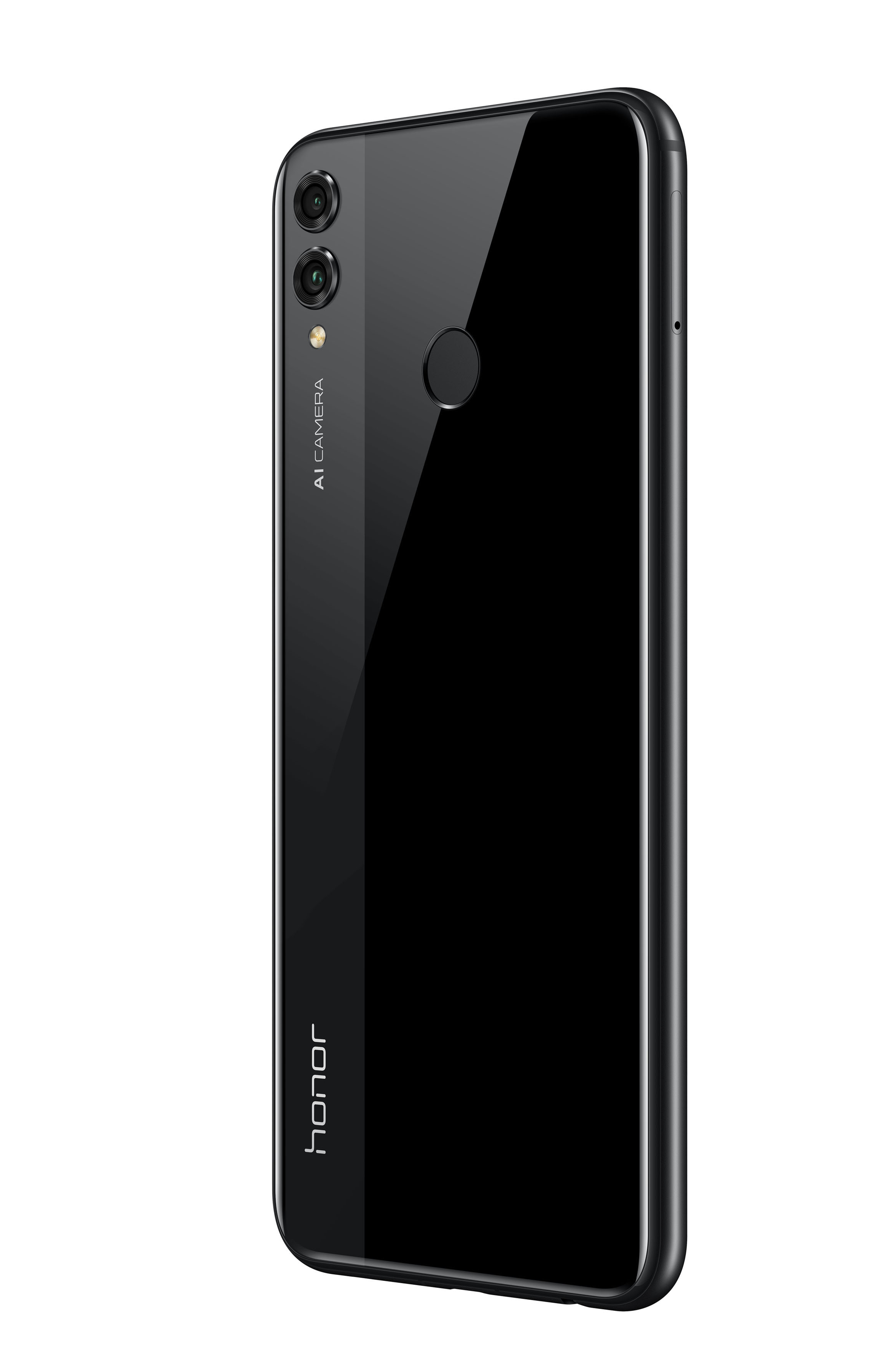 Schwarzes Smartphone, Rückansicht, mit Dual-Kameras und Fingerabdrucksensor.