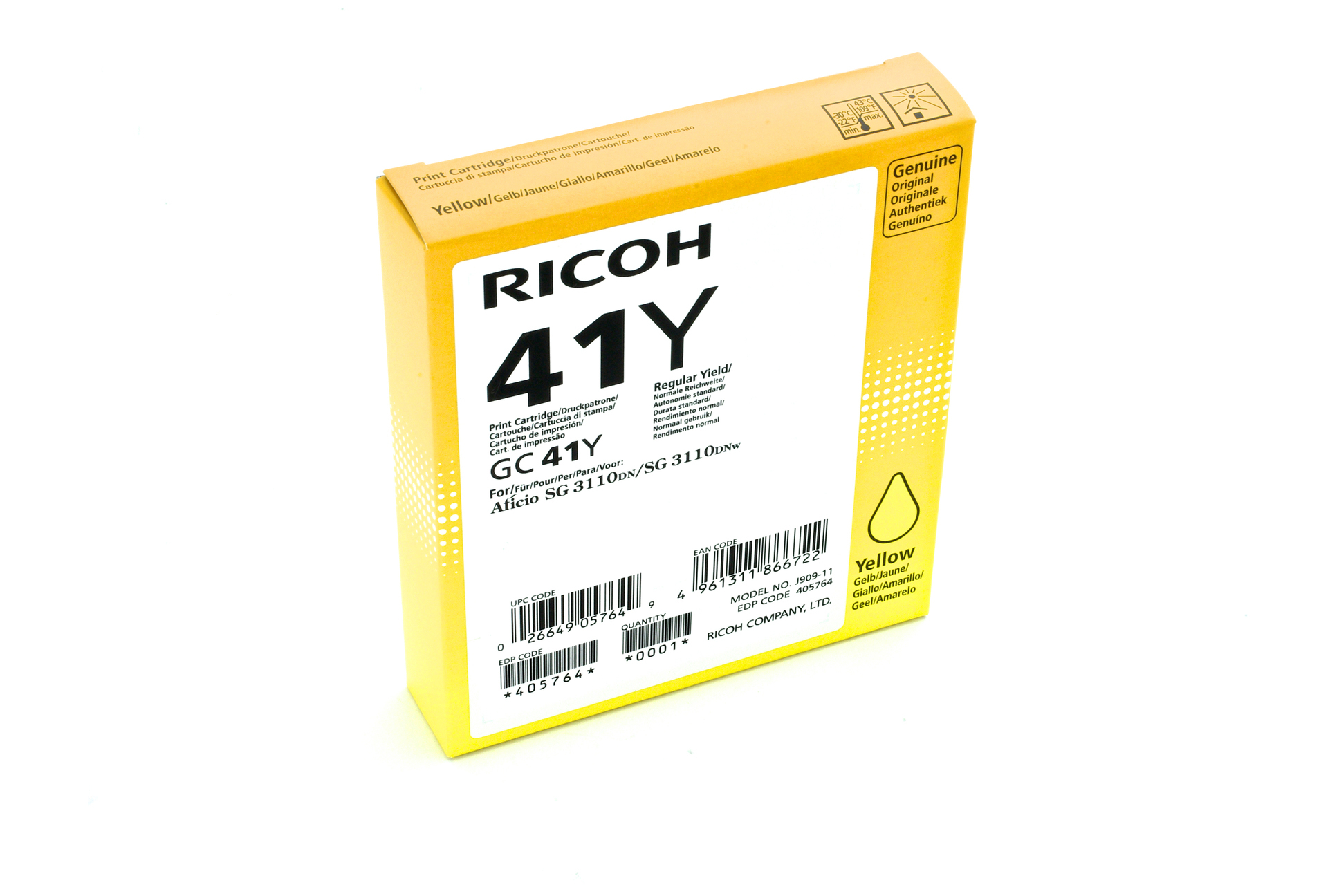 Cartucho de tinta - Ricoh GC41Y, 2200 páginas, color amarillo