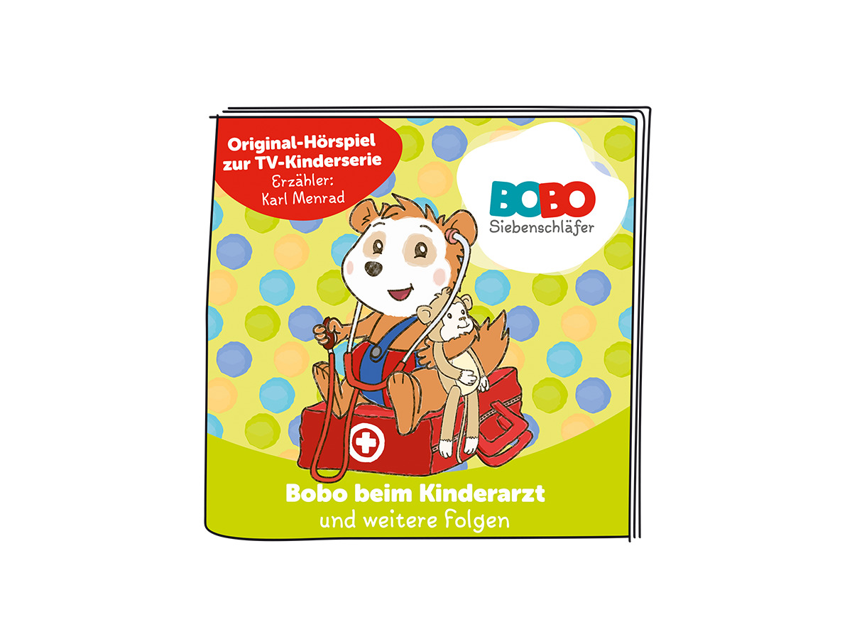 Ein Kinderbuchcover mit einem Cartoon-Bären-Arzt, roter Arzttasche und Tupfen.