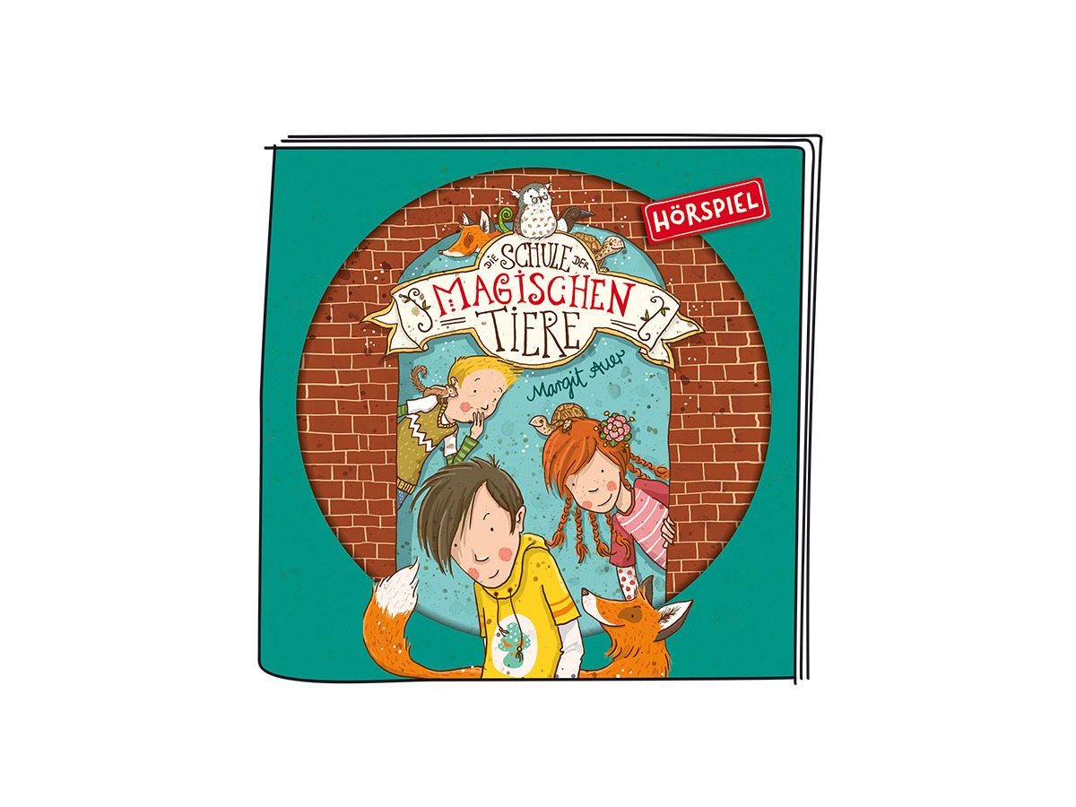 Buchcover mit Cartoon-Kindern und einem Fuchs. Titel: Schule der magischen Tiere.