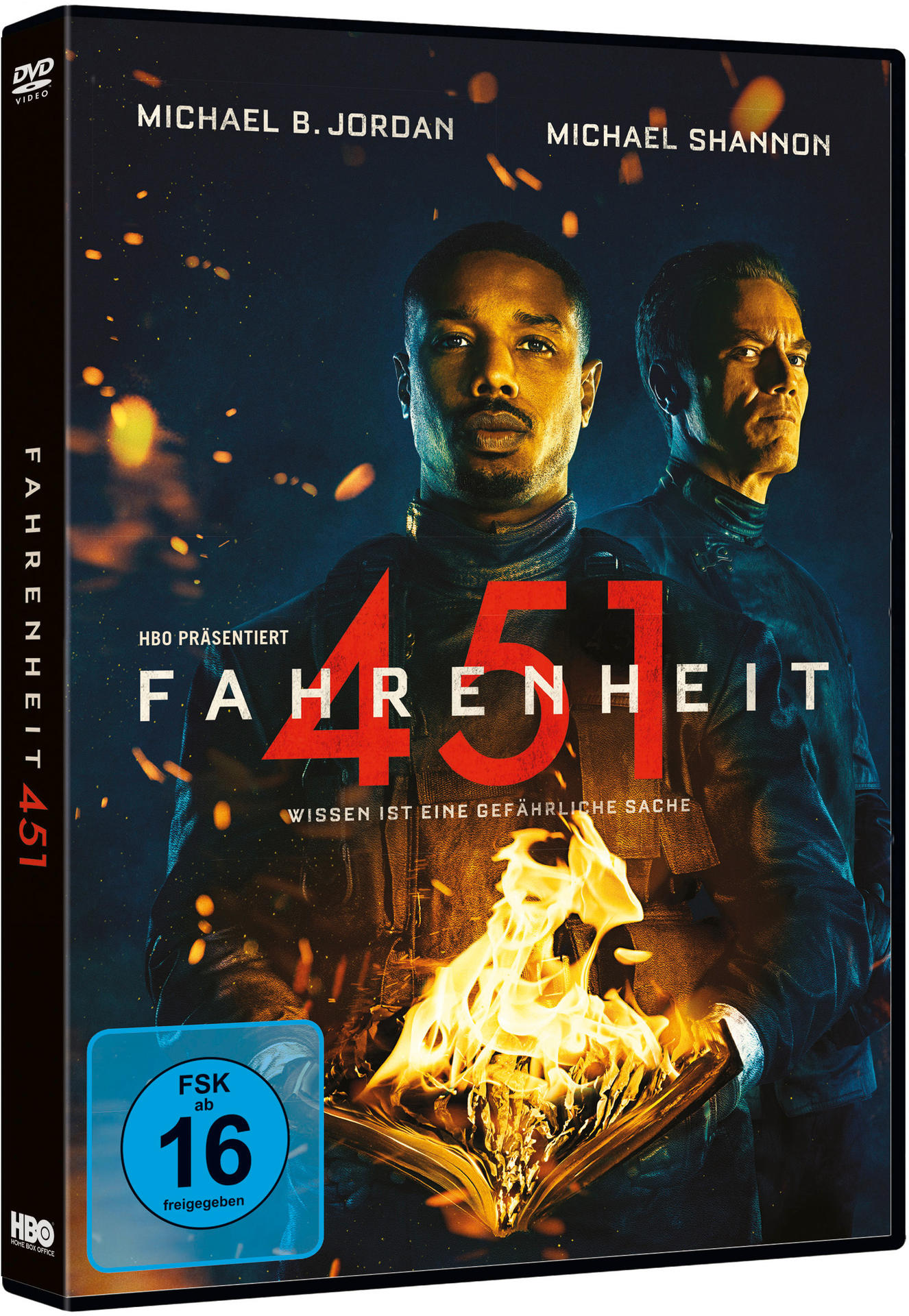 DVD-Cover: Fahrenheit 451 mit Michael B. Jordan und Michael Shannon. Der Titel ist prominent.