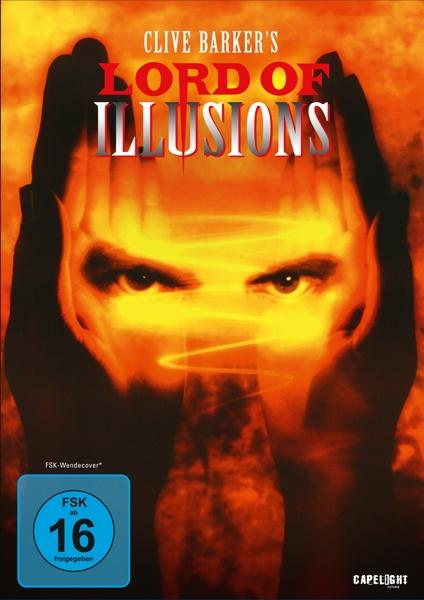 Filmplakat. Ein Männergesicht steht im Zentrum, mit leuchtenden Linien. Hände umrahmen das Gesicht. Titel: Lord of Illusions.