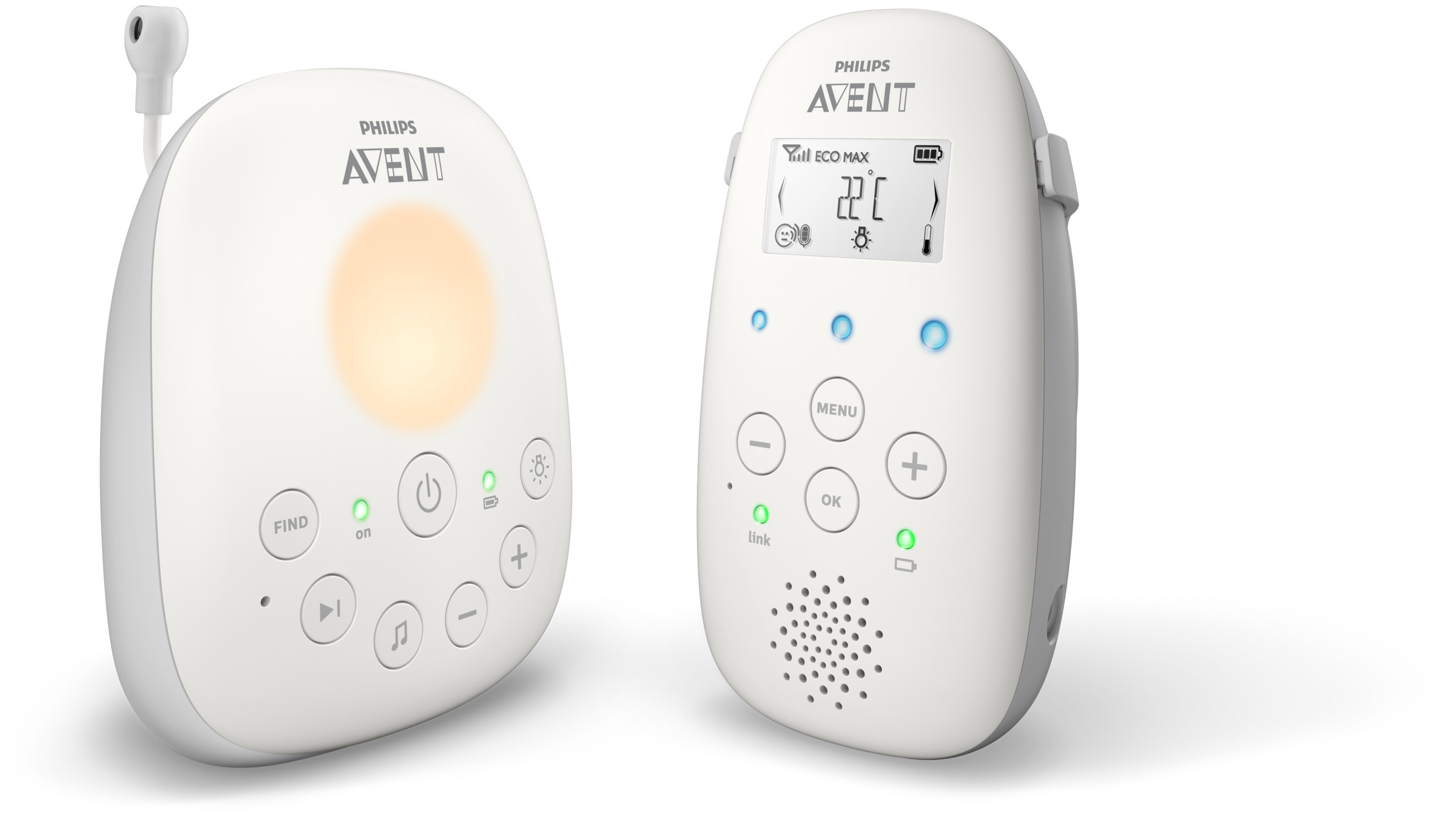 Two white Philips Avent baby monitors, one with light and one with display.