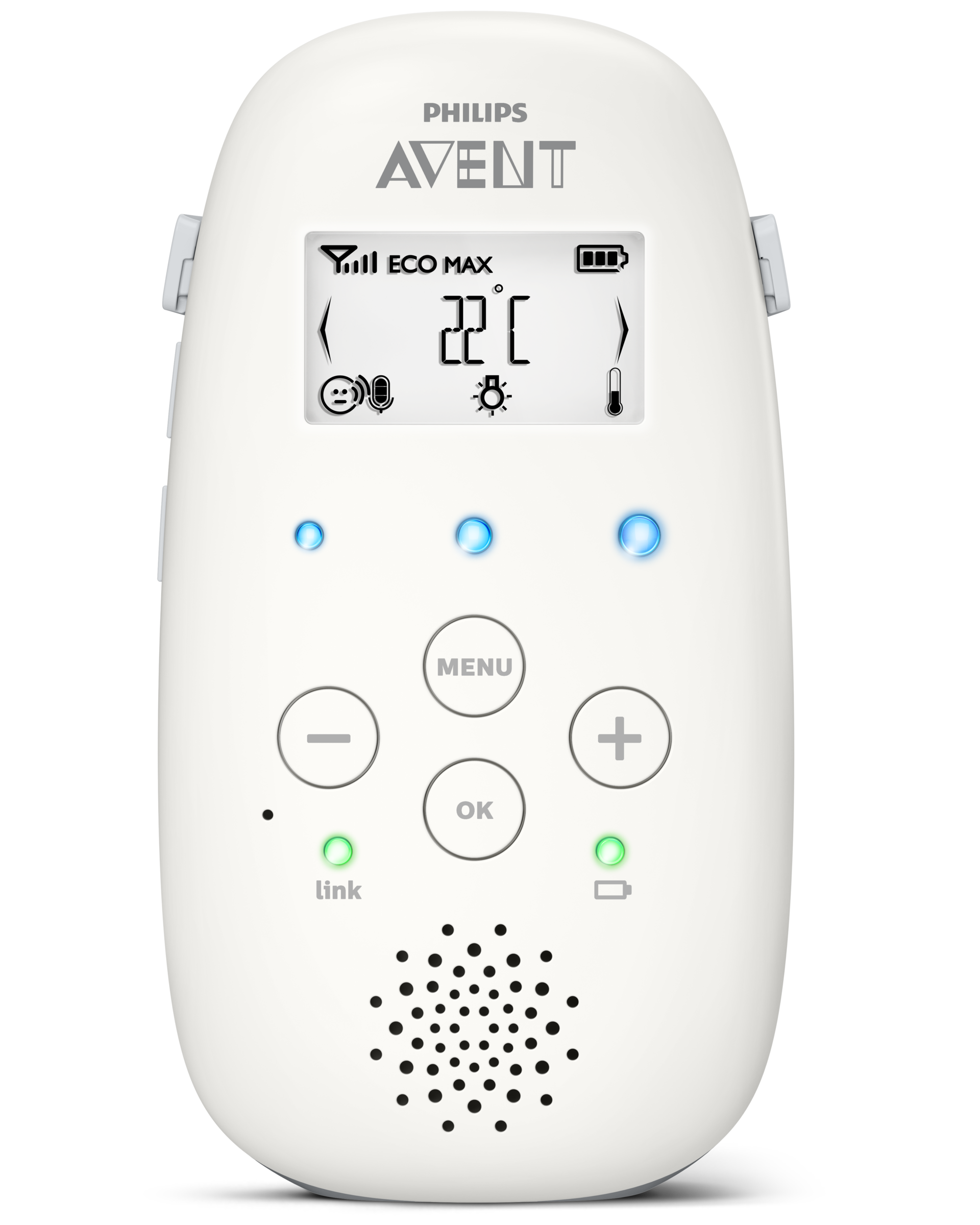 White Philips Avent baby monitor with screen and buttons.  The monitor has a small speaker.