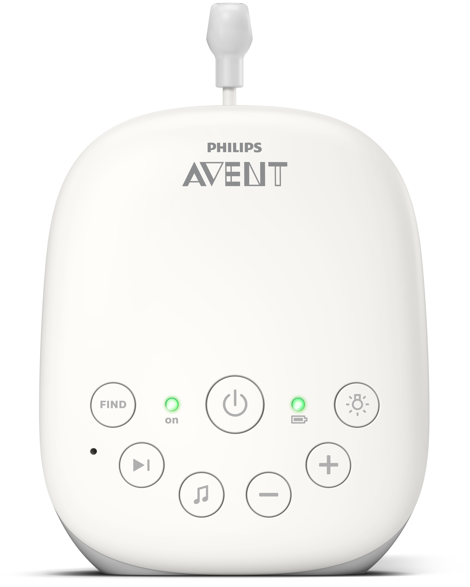 Philips Avent baby monitor. White device with buttons and lights, on a black background.