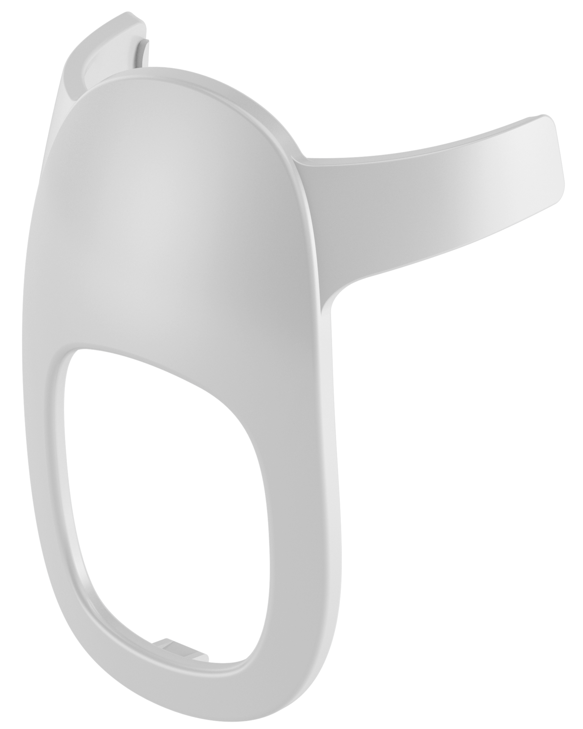 A white plastic object with an oval shape and a handle. It's on a black background.