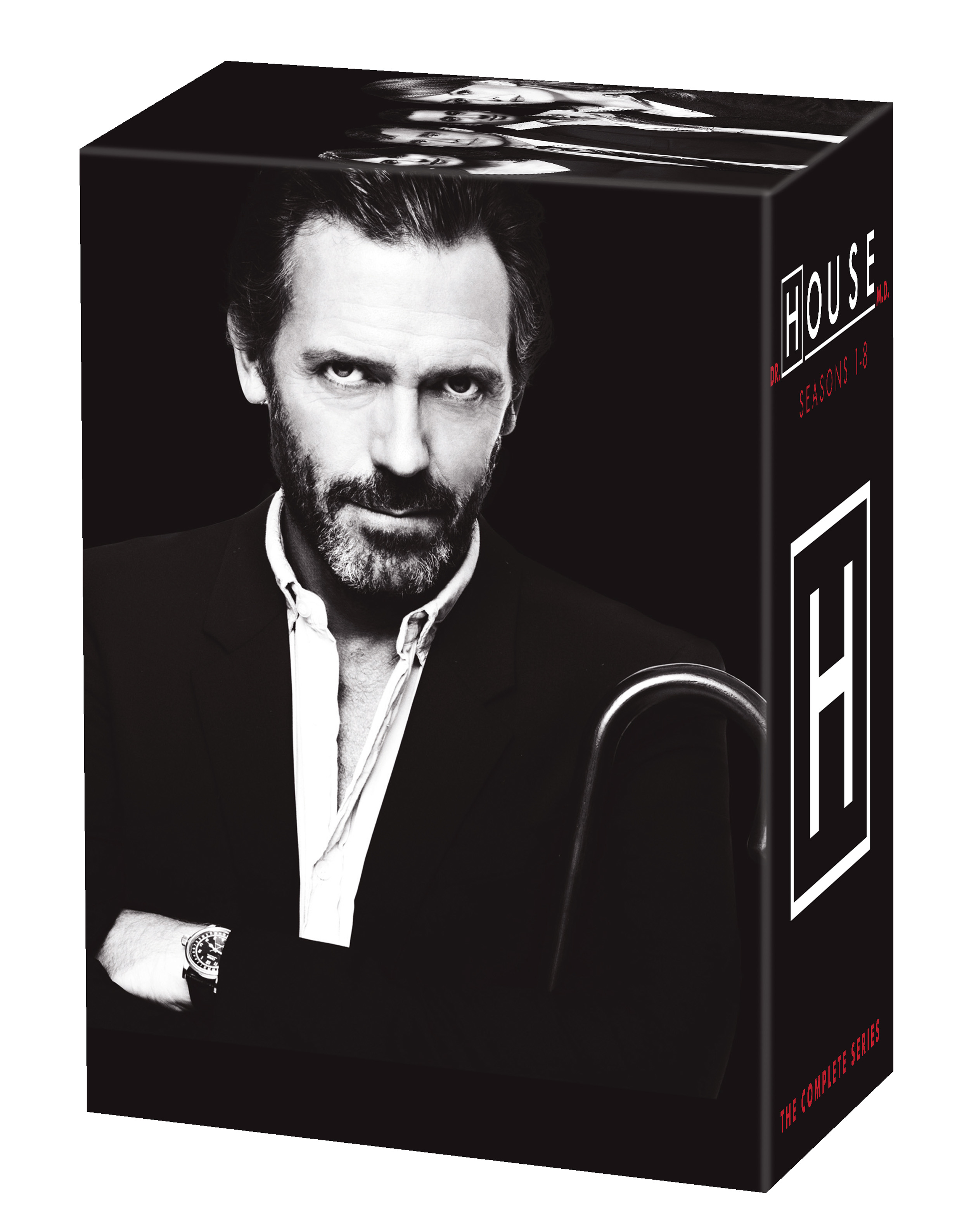Coffret House saisons 1-8 avec Hugh Laurie sur la couverture.