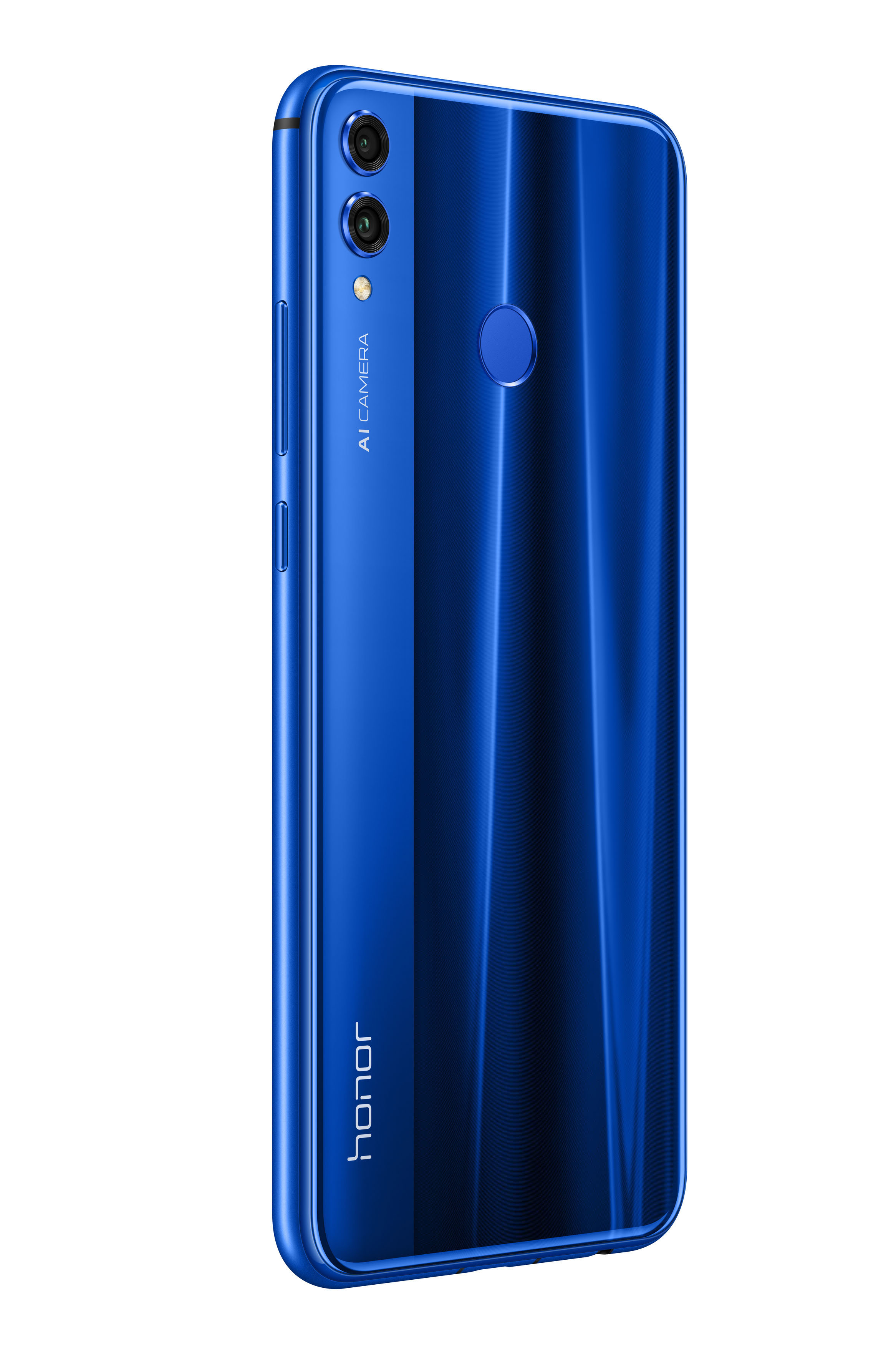 Blaues Smartphone mit Doppelkameras. Auf der Rückseite befindet sich ein Fingerabdrucksensor und das Wort 'honor'.