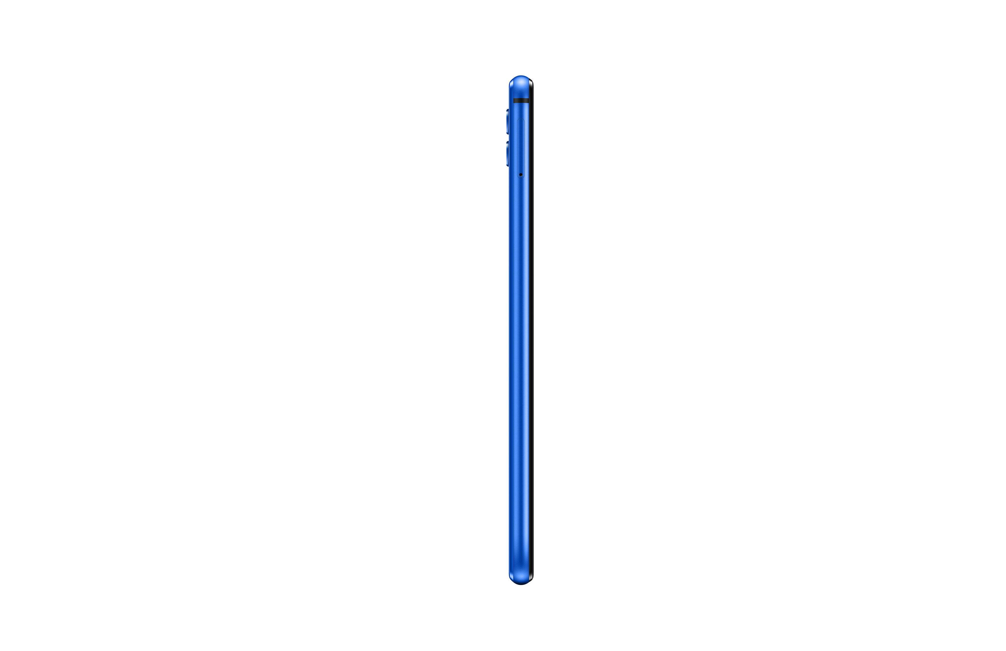 Blaues Telefon, Seitenansicht, auf weißem Hintergrund. Schlichtes und elegantes Design.