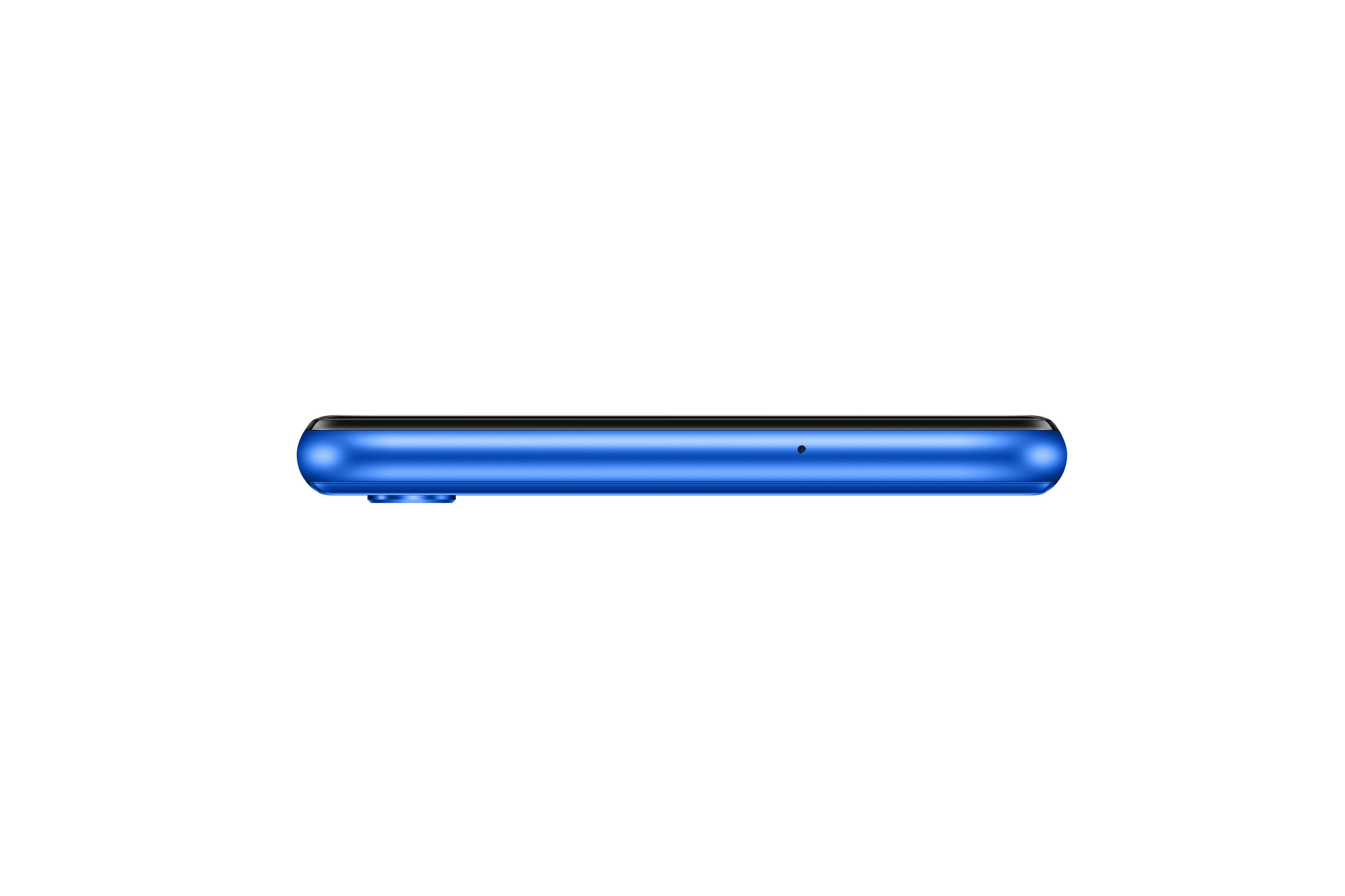 Seitenansicht eines blauen Smartphones, die Seite mit den Tasten und einem kleinen Loch für das Mikrofon.