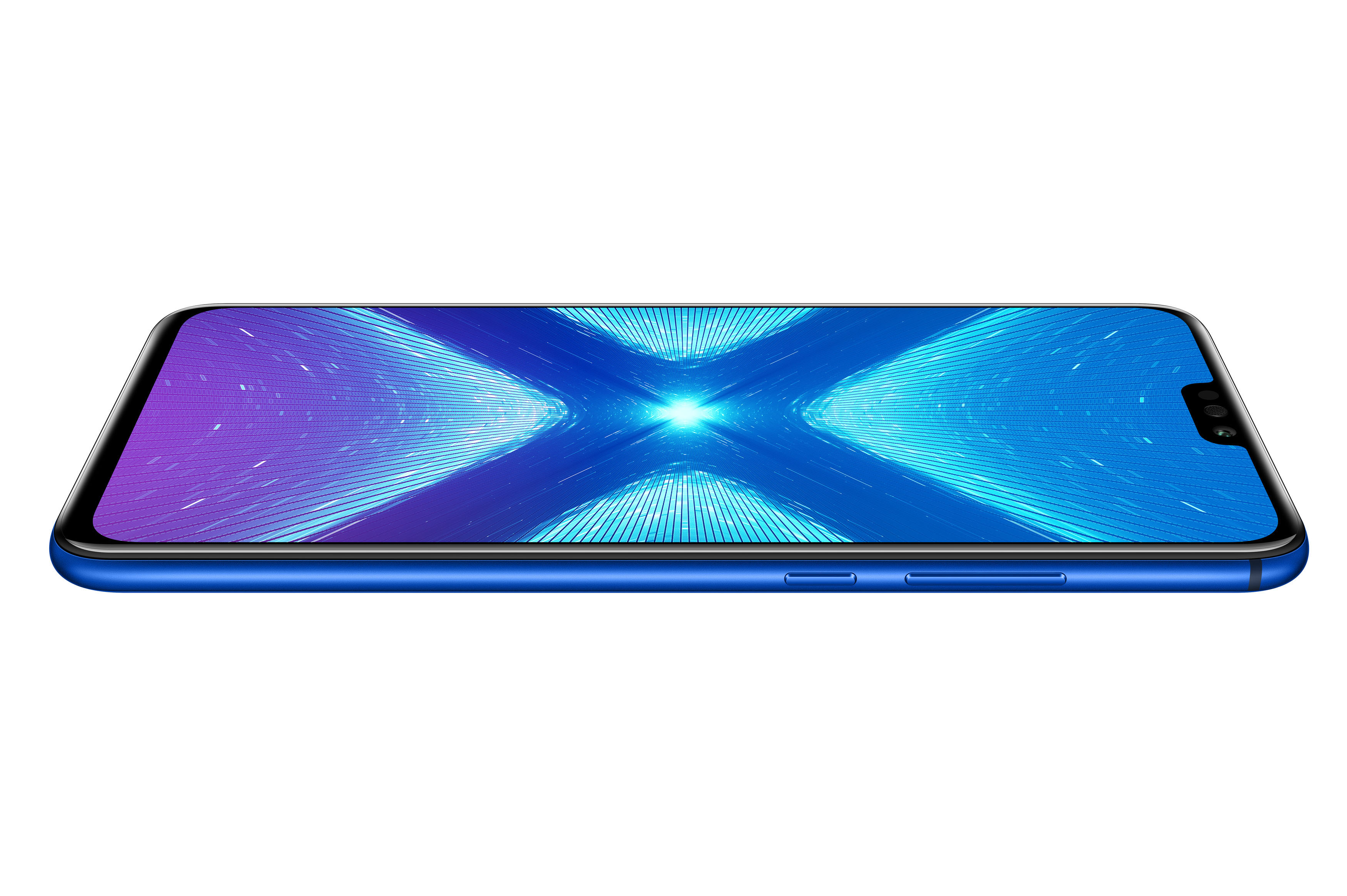 Blaues Smartphone, Seitenansicht. Bildschirm zeigt blaues und lila Muster. Schwarzer Rahmen.