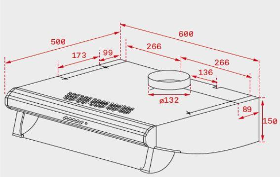 Un esquema de una campana extractora con dimensiones en mm. Tiene una ventilación superior y un panel de control.