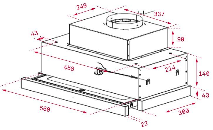 Diagrama técnico de una campana extractora, mostrando dimensiones en milímetros. Tiene forma de caja.