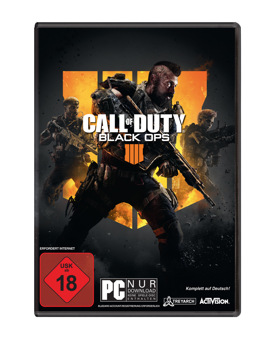 Das Cover für das Spiel 'Call of Duty: Black Ops 4'. Es zeigt drei Soldaten, Flammen und einen schwarzen Hintergrund.