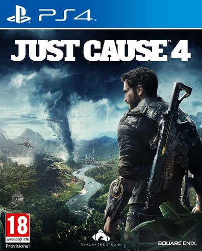 Portada del juego Just Cause 4 PS4. Hombre con un arma mira un paisaje tropical tormentoso.