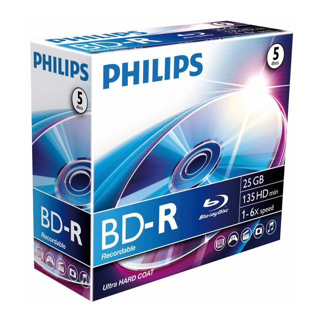 Disco Blu-ray grabable - Philips BD-R BR2S6J05C/00, 5 unidades, 25 GB