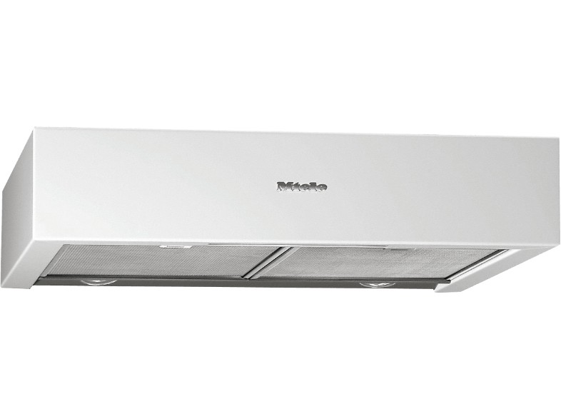 Campana extractora blanca Miele con dos filtros. Logotipo plateado Miele en el centro.