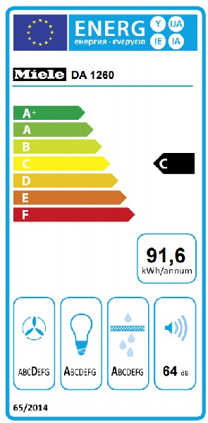 Etiqueta de eficiencia energética con clasificaciones, iconos y texto en varios idiomas.