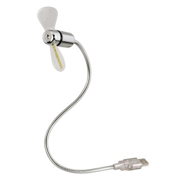 Un ventilador USB con cuello flexible y aspas transparentes, con un conector USB.