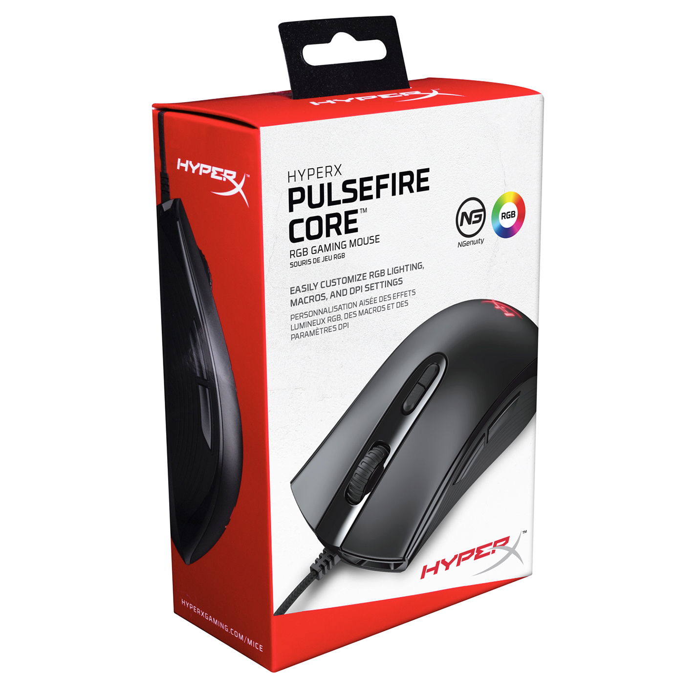 HyperX Pulsefire Core oyun faresi, kırmızı ve siyah bir kutuda, fare görülebilir.