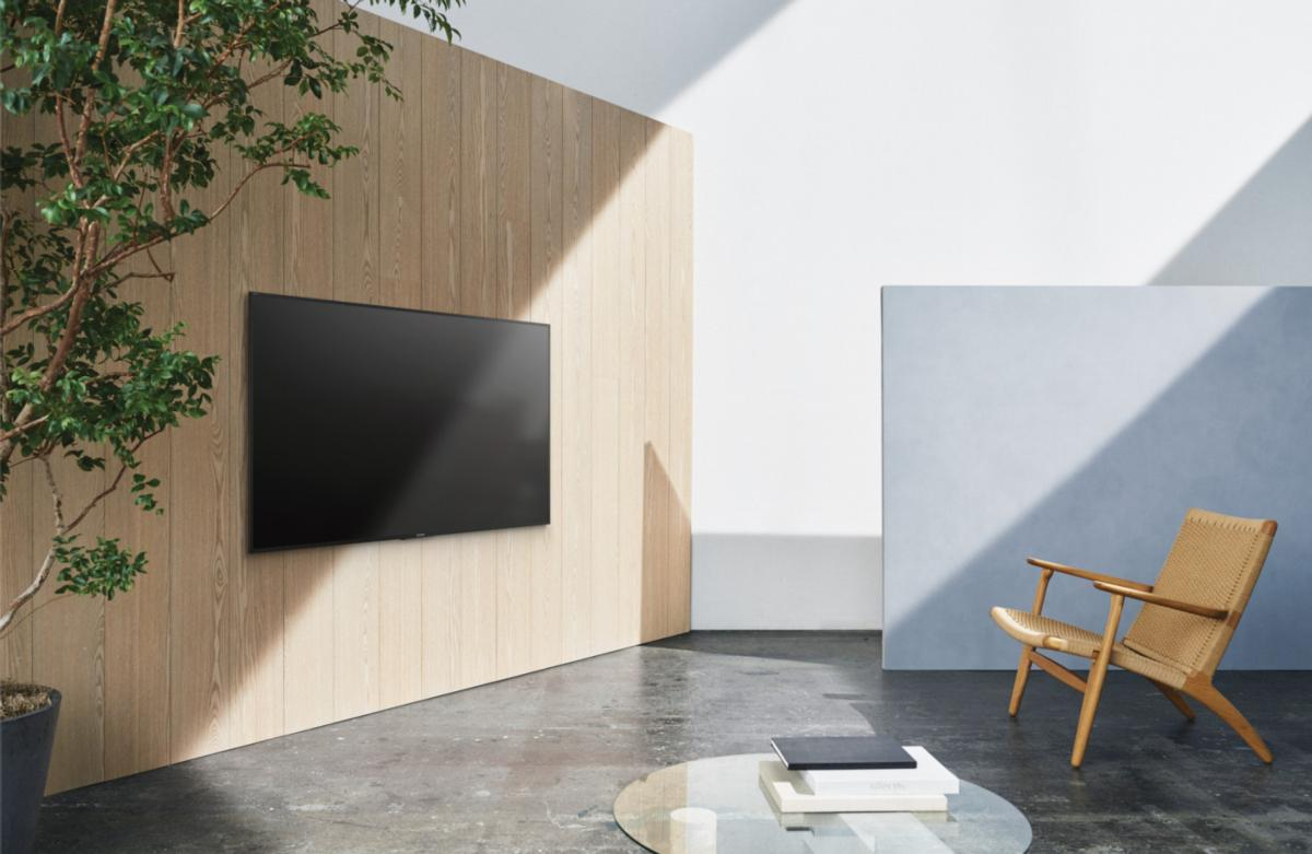 Salón con TV en panel de madera, planta, mesa de cristal y silla de madera.
